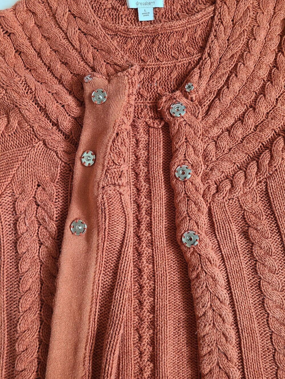 Dressbarn Cable Knit Cardigan Sweater Cottagecore Size L Rust Brown Cotton - Picture 4 of 7